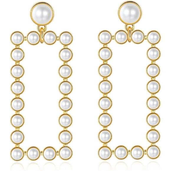 14K Gold Geometric Pearl Earrings | Chunky Modern Drop Earrings - Picture 1 of 6